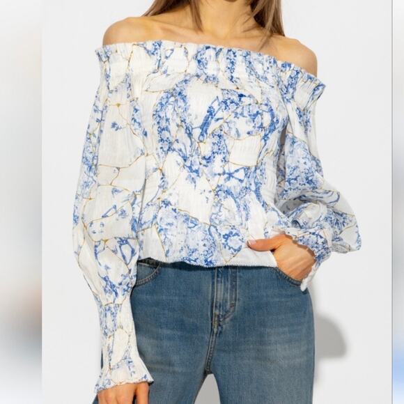 All Saints Tops - All Saints Women’s Lara Off The Shoulder Smocked Top Size 8 White Linen Silk